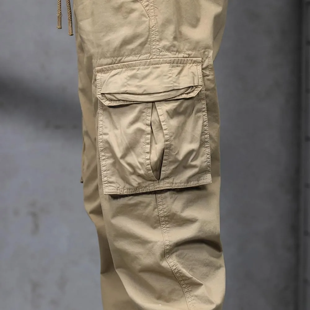Men's Military Cargo Pants Drawstring Cotton Regular Fit Multi Pockets Work Pants