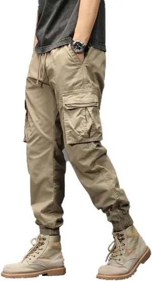 Men's Military Cargo Pants Drawstring Cotton Regular Fit Multi Pockets Work Pants