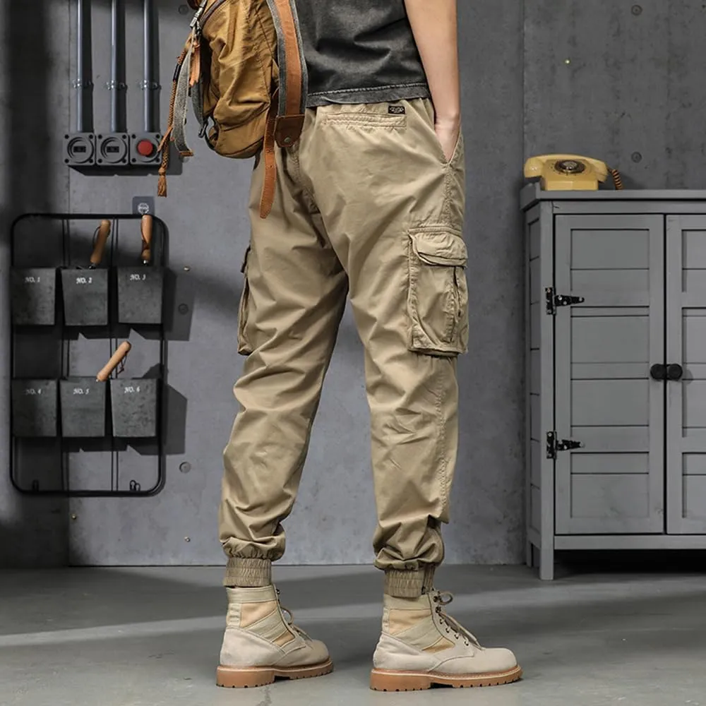 Men's Military Cargo Pants Drawstring Cotton Regular Fit Multi Pockets Work Pants