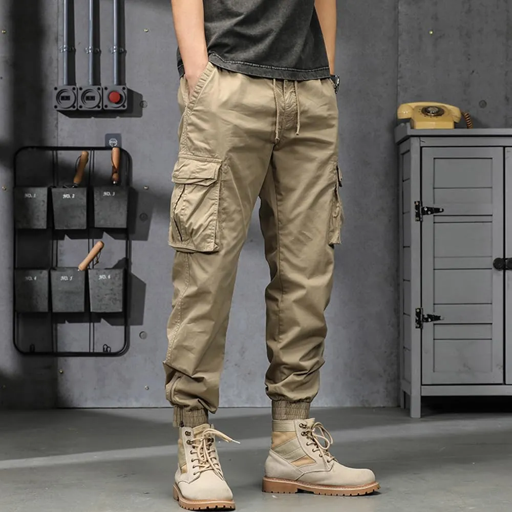 Men's Military Cargo Pants Drawstring Cotton Regular Fit Multi Pockets Work Pants