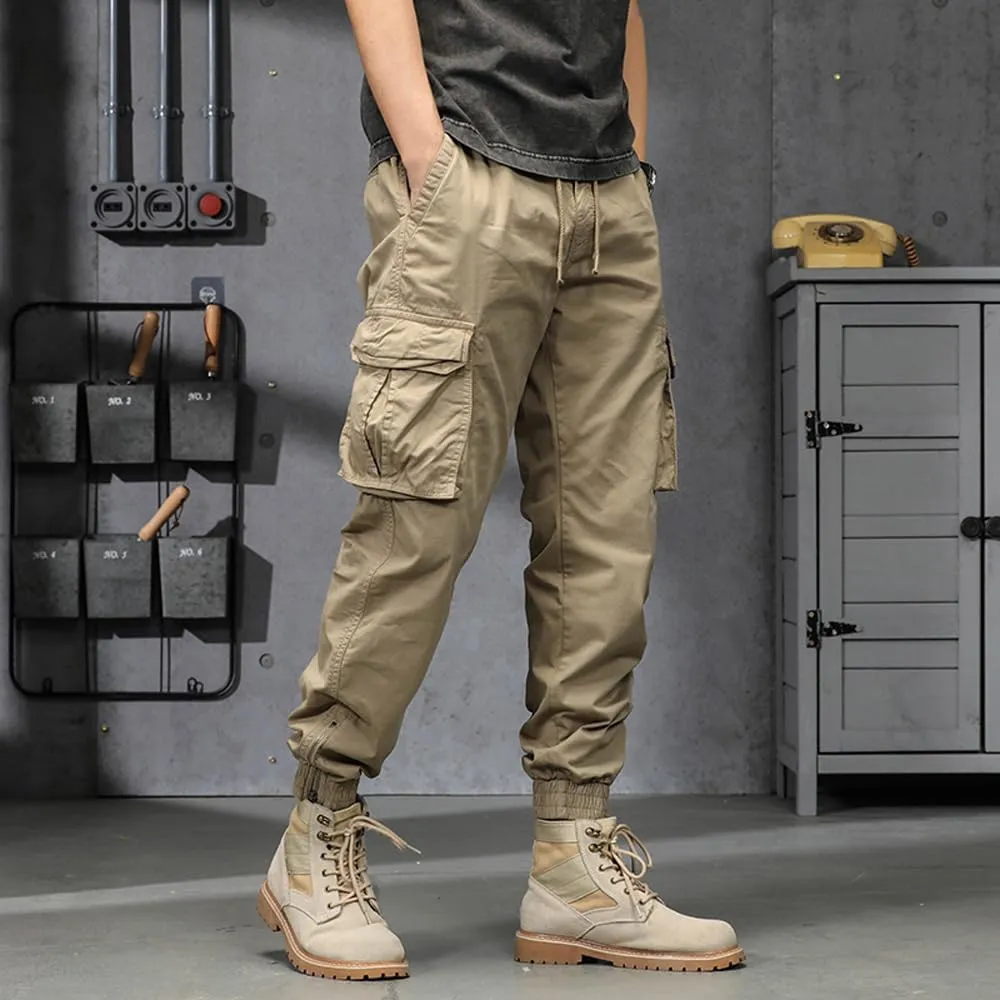 Men's Military Cargo Pants Drawstring Cotton Regular Fit Multi Pockets Work Pants