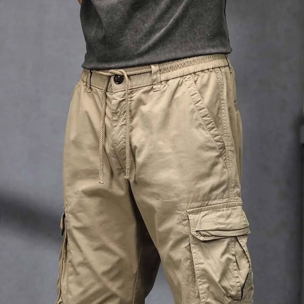 Men's Military Cargo Pants Drawstring Cotton Regular Fit Multi Pockets Work Pants
