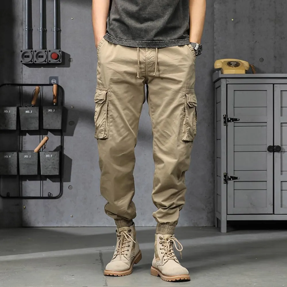 Men's Military Cargo Pants Drawstring Cotton Regular Fit Multi Pockets Work Pants