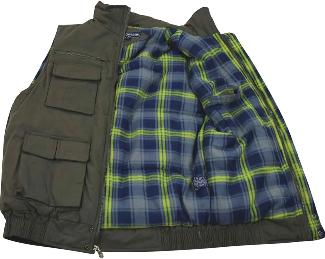 Men's Multiple Pocket Water Resistant Poplin Shell Polar Fleece Lined Padded Utility Vest