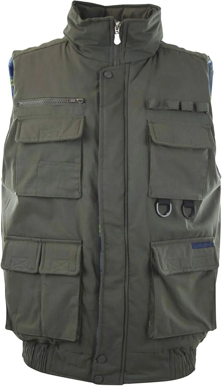 Men's Multiple Pocket Water Resistant Poplin Shell Polar Fleece Lined Padded Utility Vest
