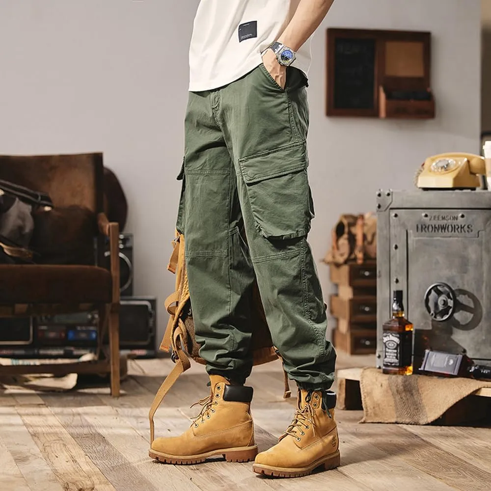 Men's Regular Fit Military Cargo Pants Outdoor Drawstring Cotton Multi Pockets Work Trousers