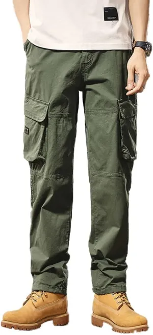 Men's Regular Fit Military Cargo Pants Outdoor Drawstring Cotton Multi Pockets Work Trousers