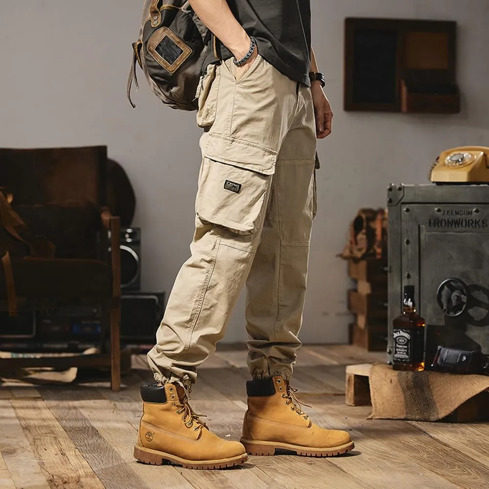 Men's Regular Fit Military Cargo Pants Outdoor Drawstring Cotton Multi Pockets Work Trousers