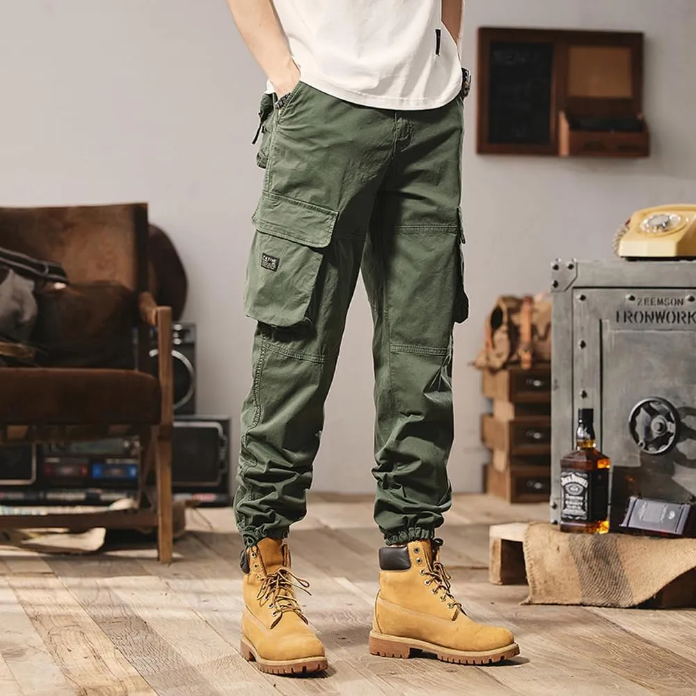 Men's Regular Fit Military Cargo Pants Outdoor Drawstring Cotton Multi Pockets Work Trousers