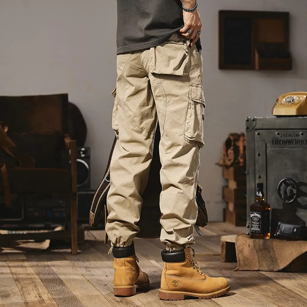 Men's Regular Fit Military Cargo Pants Outdoor Drawstring Cotton Multi Pockets Work Trousers