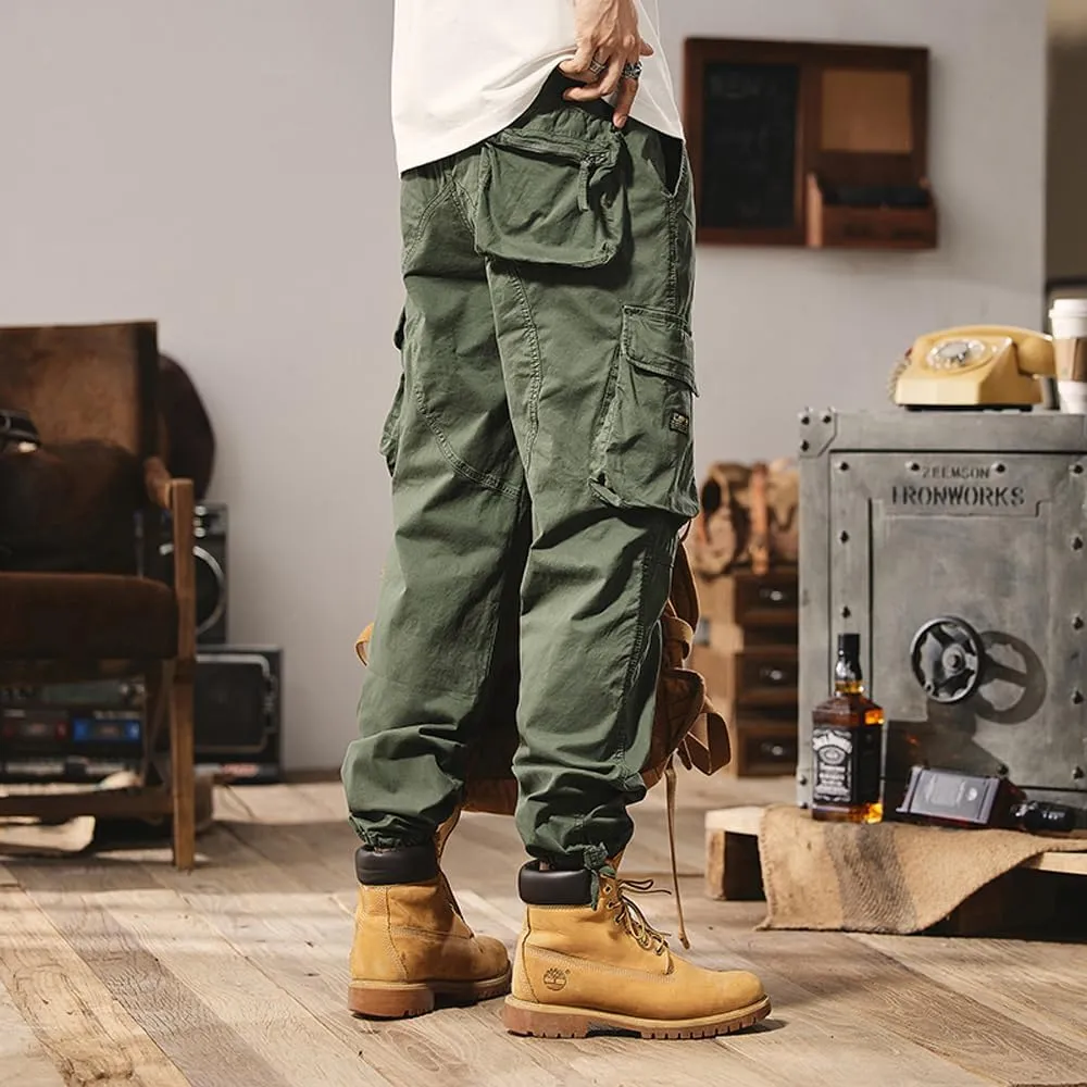 Men's Regular Fit Military Cargo Pants Outdoor Drawstring Cotton Multi Pockets Work Trousers