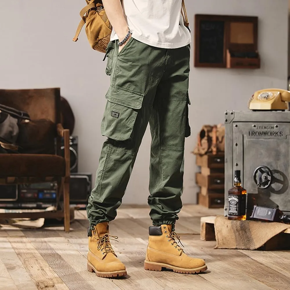 Men's Regular Fit Military Cargo Pants Outdoor Drawstring Cotton Multi Pockets Work Trousers
