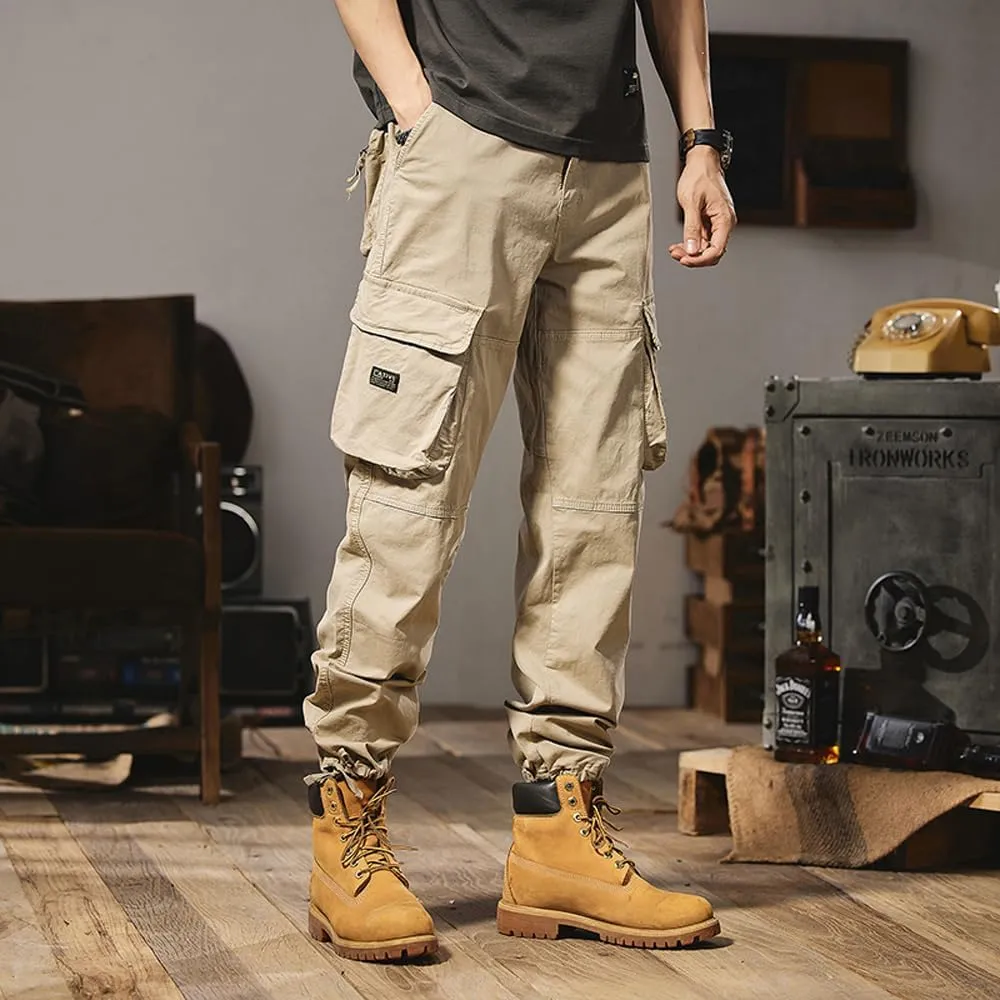 Men's Regular Fit Military Cargo Pants Outdoor Drawstring Cotton Multi Pockets Work Trousers