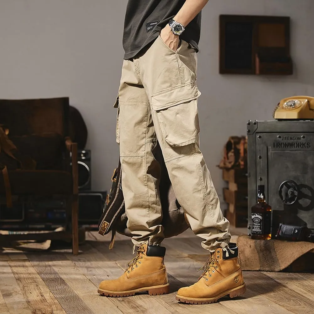 Men's Regular Fit Military Cargo Pants Outdoor Drawstring Cotton Multi Pockets Work Trousers
