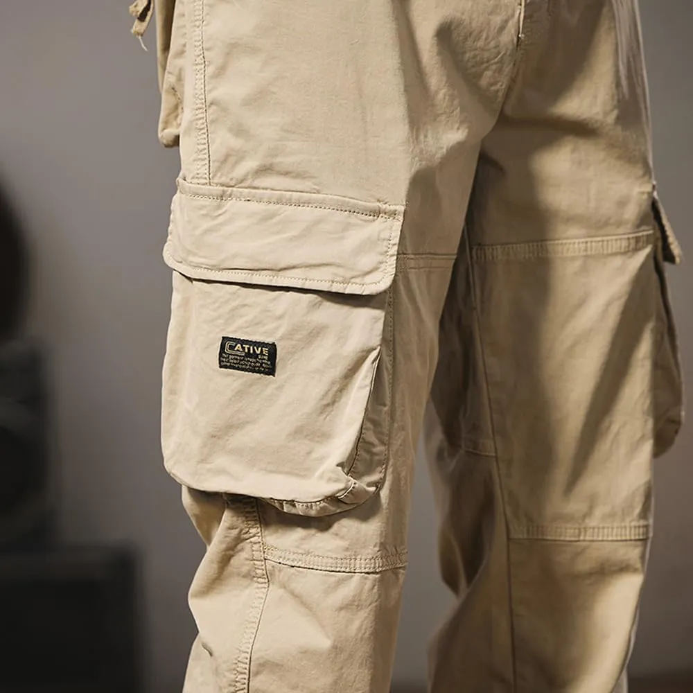 Men's Regular Fit Military Cargo Pants Outdoor Drawstring Cotton Multi Pockets Work Trousers