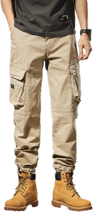 Men's Regular Fit Military Cargo Pants Outdoor Drawstring Cotton Multi Pockets Work Trousers