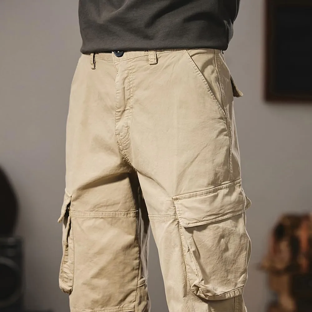 Men's Regular Fit Military Cargo Pants Outdoor Drawstring Cotton Multi Pockets Work Trousers