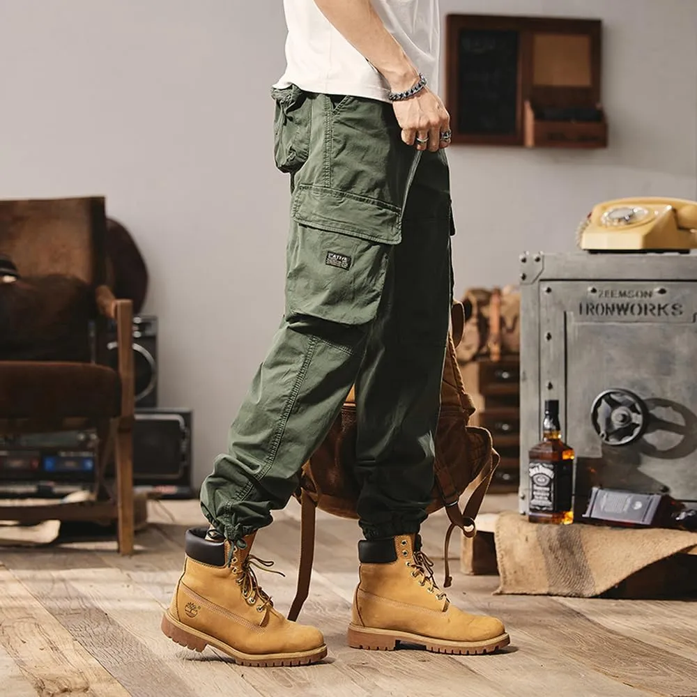 Men's Regular Fit Military Cargo Pants Outdoor Drawstring Cotton Multi Pockets Work Trousers