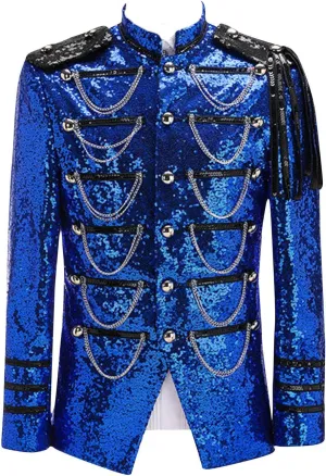 Men's Sequin Dress Coat Court Tuxedo Jacket with Chain Victorian Long Sleeve Blazer Punk Uniform Renaissance Costume