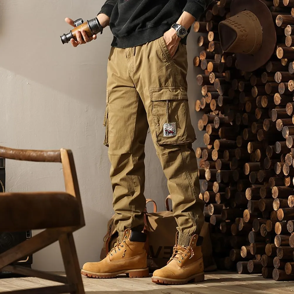 Men's Tactical Cargo Pants Drawstring Cotton Regular Fit Multi Pockets Work Trousers