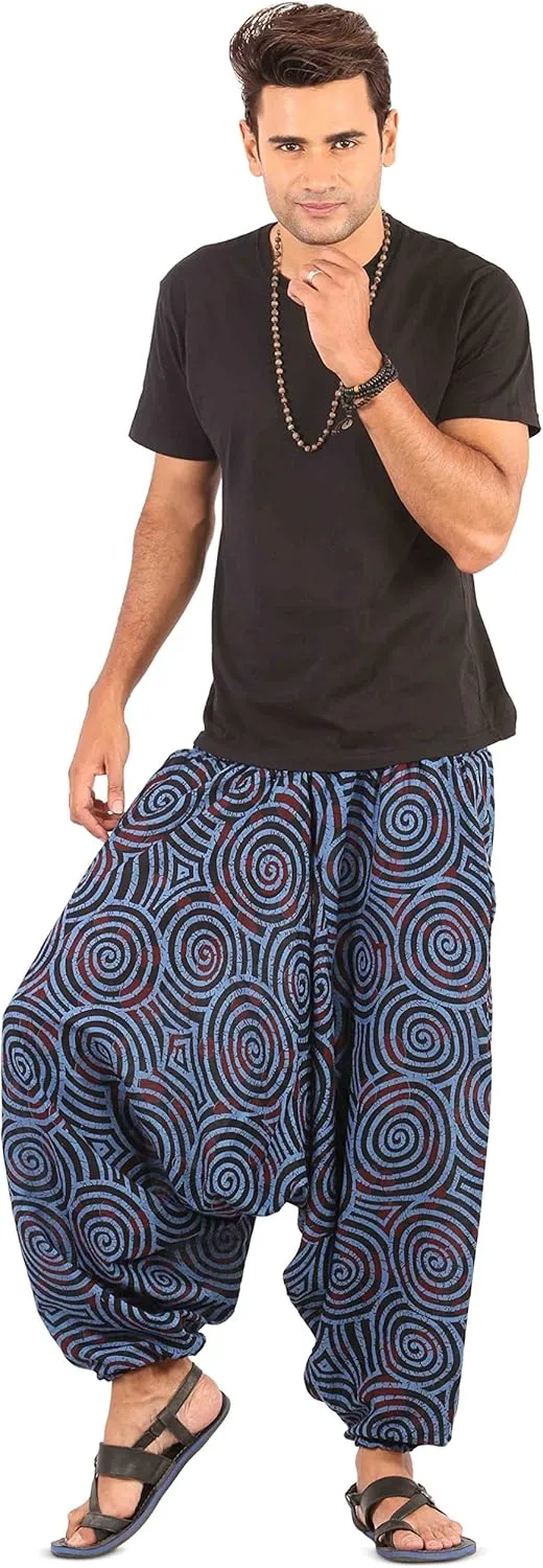 Mens Womens Boho Hippie Cotton Harem Pants with Spiral Design