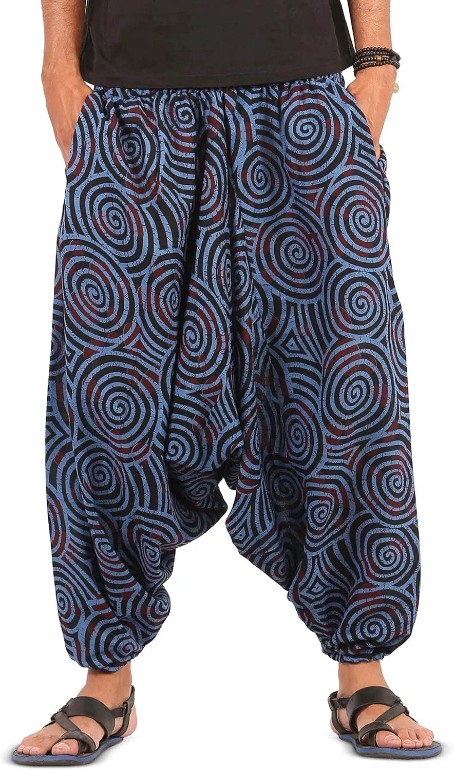 Mens Womens Boho Hippie Cotton Harem Pants with Spiral Design