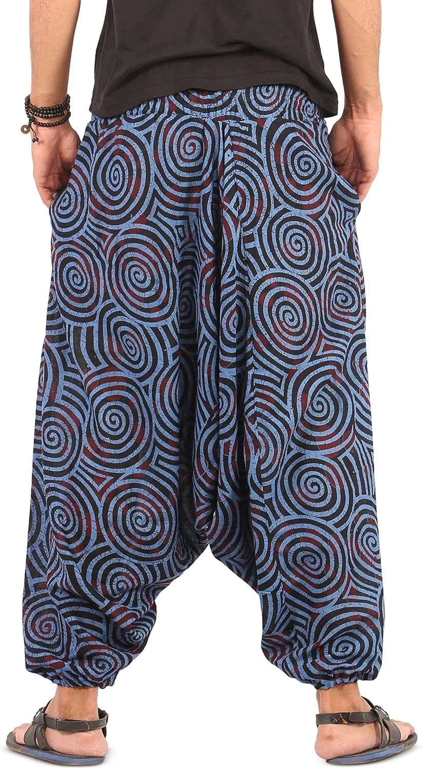 Mens Womens Boho Hippie Cotton Harem Pants with Spiral Design