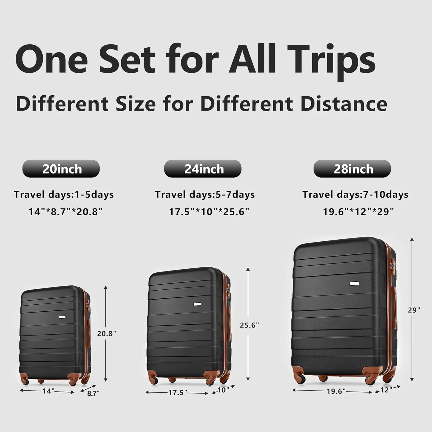 Merax Luggage Sets Expandable ABS Hardshell 3 Piece Suitcase with Spinner Wheels & TSA Lock, Lightweight Durable Travel Luggage 20''/24''/28'' for Airline Carry-On (Black and Brown, 20'' 24'' 28'')