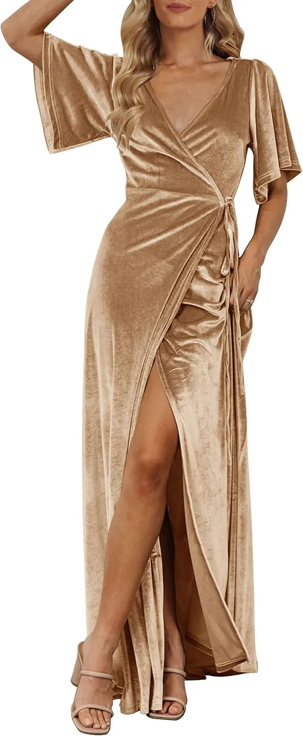 MEROKEETY Women's V Neck Wrap Velvet Maxi Dress Bell Sleeve Split Bridesmaid Cocktail Party Dresses