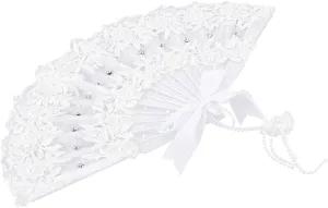 MERRYHAPY Handmade Lace Pearl Fan for Bride Elegant Wedding Performance Prop Beautiful Stage Show Accessory for Summer Parties and Bridal Events Charming Women