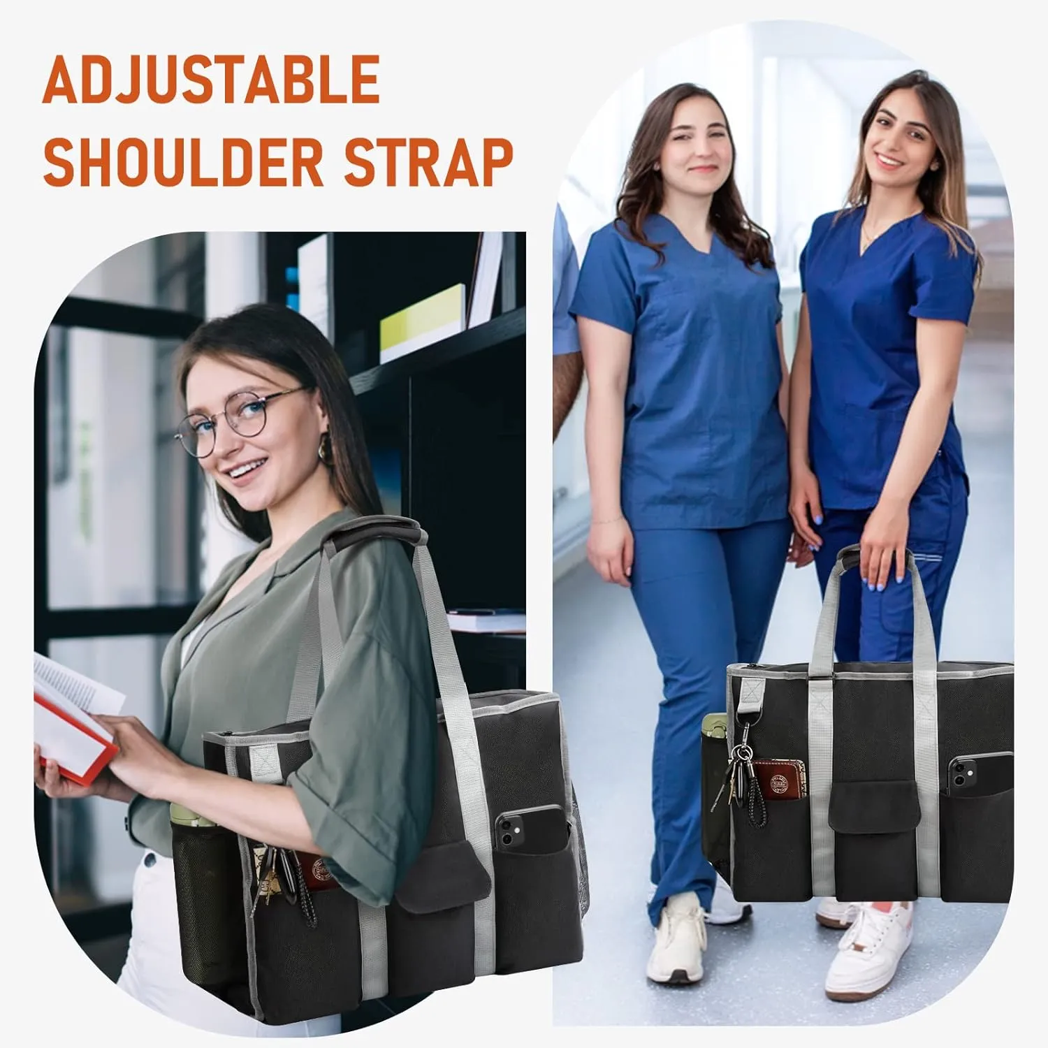 MHOMER Large Utility Tote Bag for Women, Zip-Top Teachers Tote Bag with 12 Pockets, Waterproof Nurse Bag for Working Women