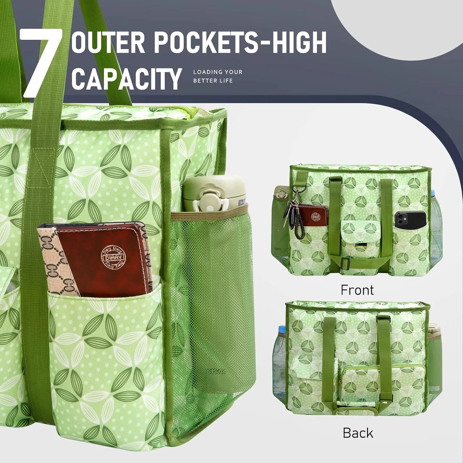 MHOMER Large Utility Tote Bag for Women, Zip-Top Teachers Tote Bag with 12 Pockets, Waterproof Nurse Bag for Working Women