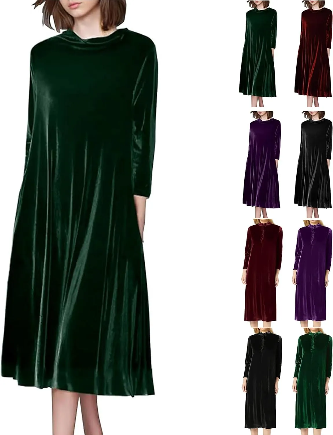 Midi Dresses for Women，Casual Velvet Spring Dresses Crewneck Loose Pleated Long Sleeve Dress for Date Night Wedding