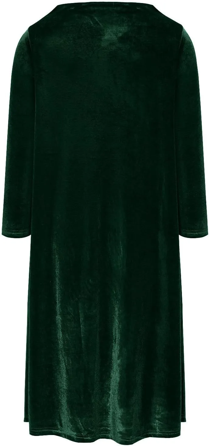 Midi Dresses for Women，Casual Velvet Spring Dresses Crewneck Loose Pleated Long Sleeve Dress for Date Night Wedding
