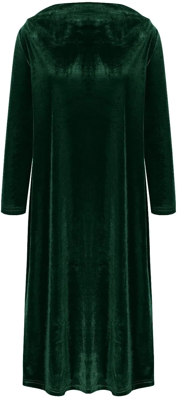 Midi Dresses for Women，Casual Velvet Spring Dresses Crewneck Loose Pleated Long Sleeve Dress for Date Night Wedding