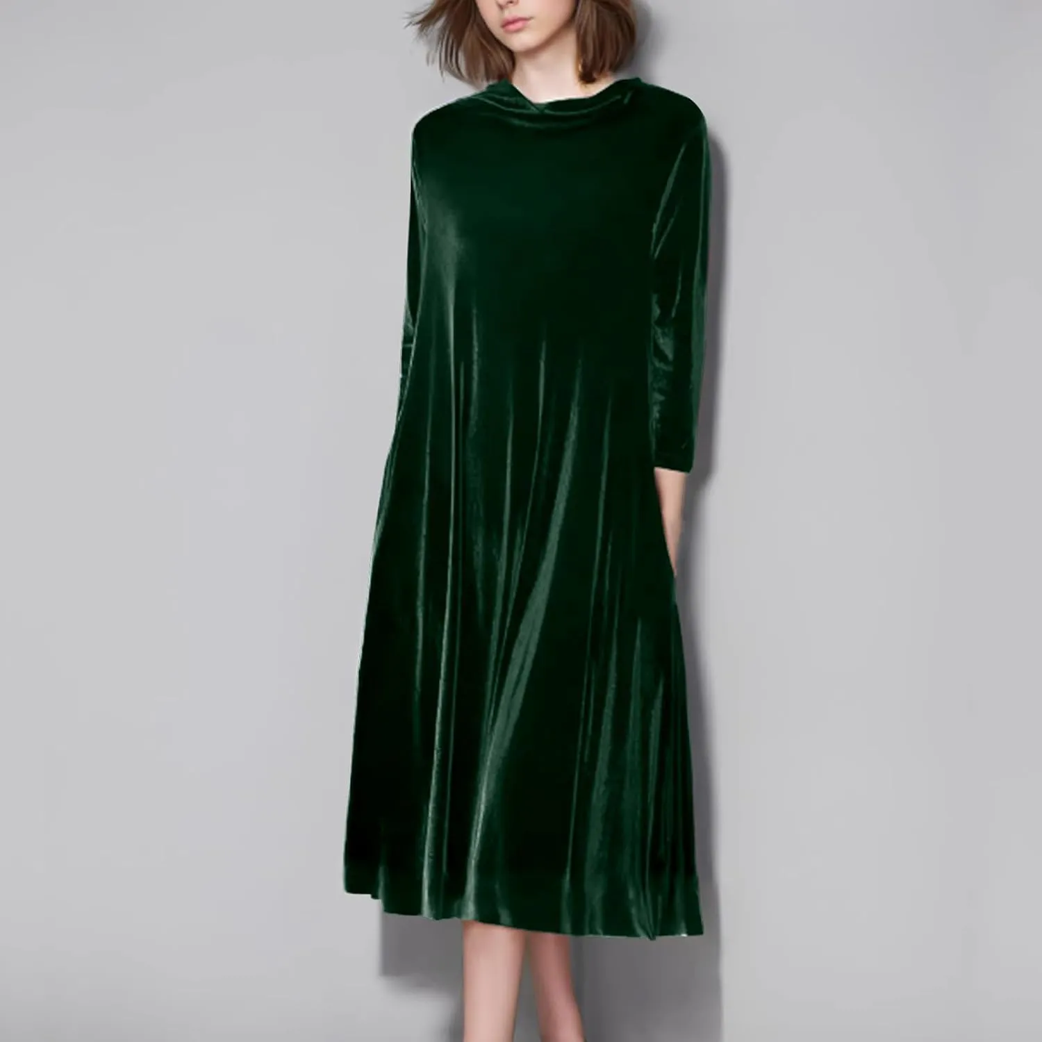 Midi Dresses for Women，Casual Velvet Spring Dresses Crewneck Loose Pleated Long Sleeve Dress for Date Night Wedding