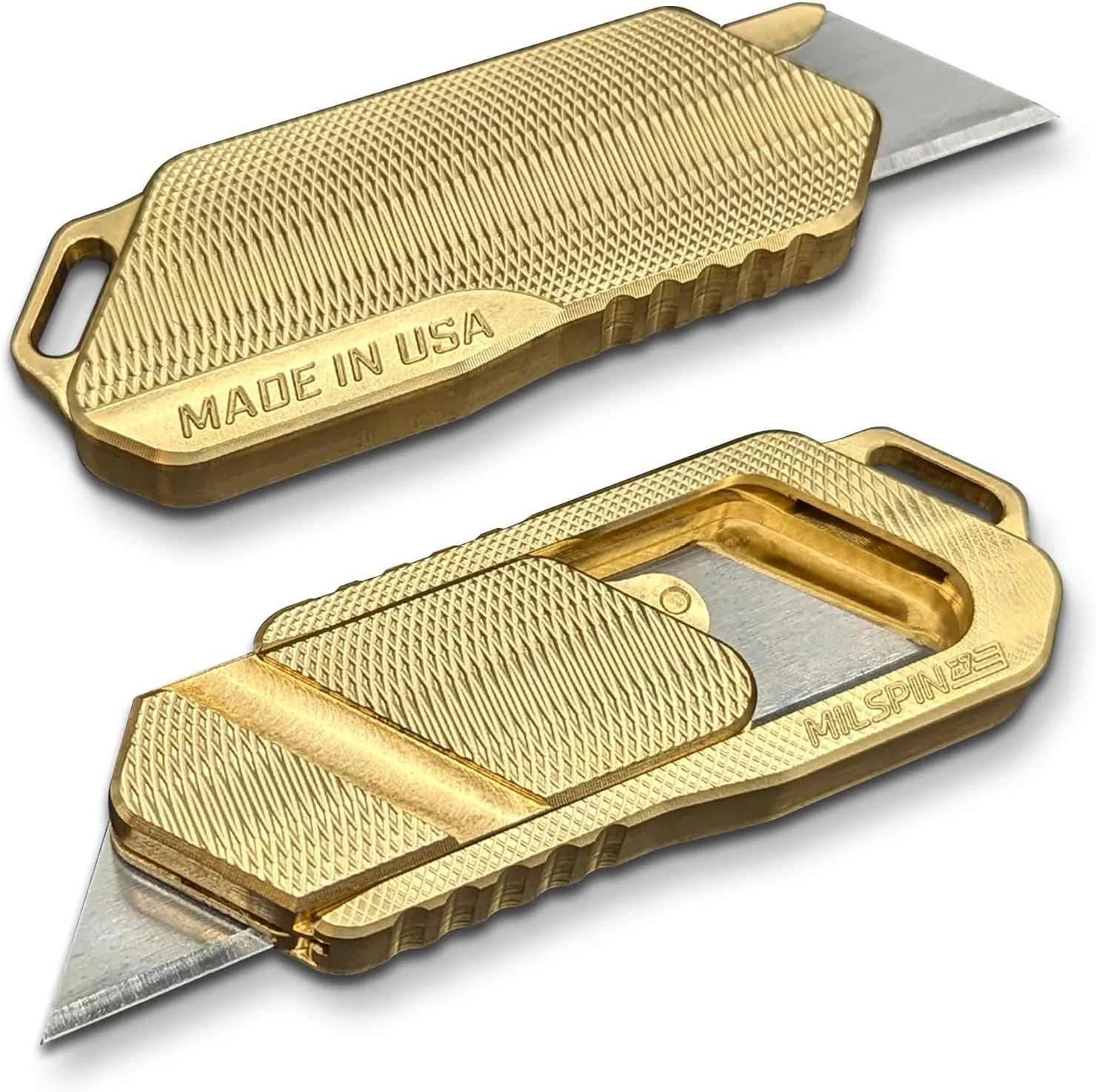 Milspin Magnus Utility Knife | Box Cutter | EDC Utility Blade | Utility Knives | Retractable Razor Blade | EDC | Veteran Made in the USA (Brass (2.0))
