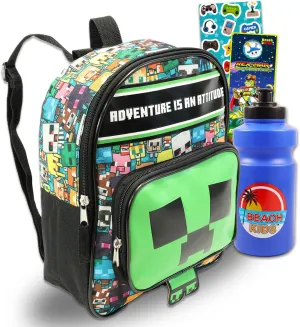 Minecraft Mini Backpack for Boys - Bundle with 11" School Bag Plus Stickers, Water Bottle, and More | for Boys 4-7