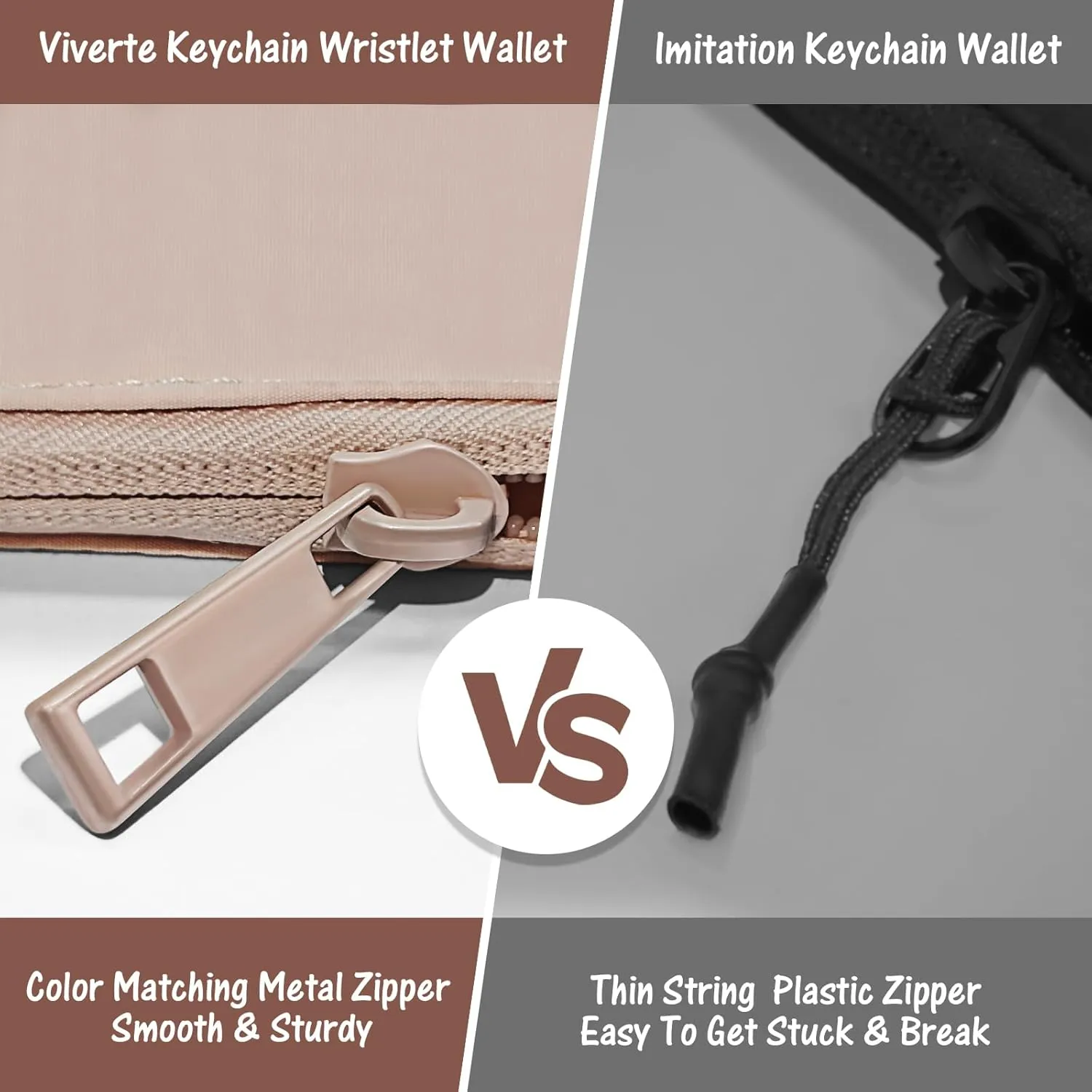 Mini Zip Around Keychain Wristlet Wallets Small Portable Dual Pounch Wristlet Detachable Coin Purse Pocket Gifts for Women Travel Sports Outdoors (Beige Brown)