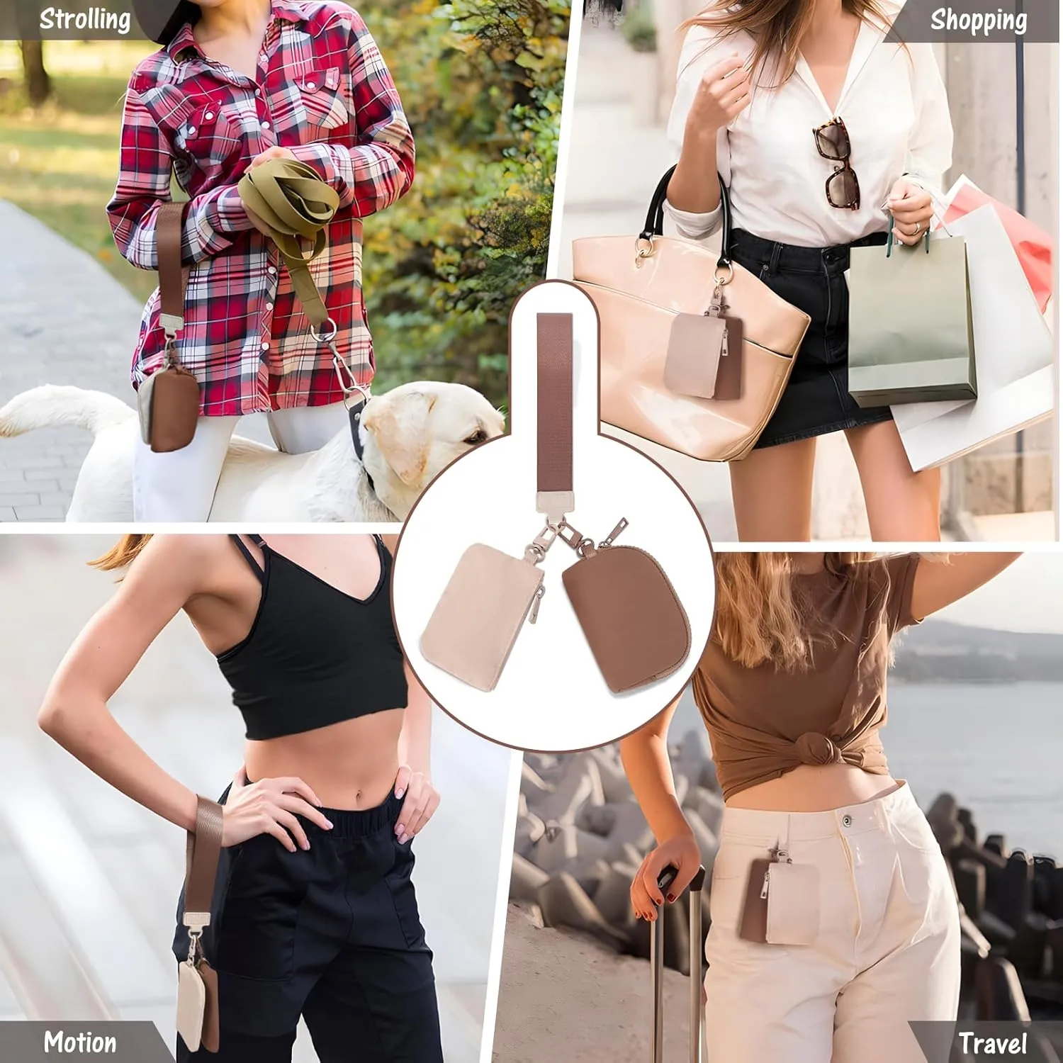 Mini Zip Around Keychain Wristlet Wallets Small Portable Dual Pounch Wristlet Detachable Coin Purse Pocket Gifts for Women Travel Sports Outdoors (Beige Brown)