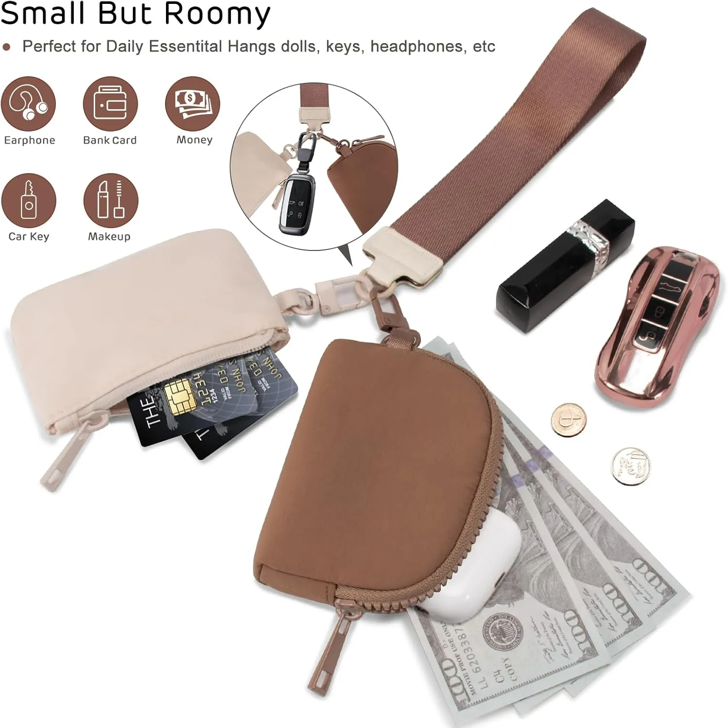 Mini Zip Around Keychain Wristlet Wallets Small Portable Dual Pounch Wristlet Detachable Coin Purse Pocket Gifts for Women Travel Sports Outdoors (Beige Brown)