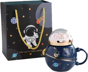 Minimalist Style Astronaut Mug with Spoon Lid Star Ceramic Coffee Cup Kid Cartoon Milk Mug Tea Cup Gift Office Home (space blue with box, 400 ml)