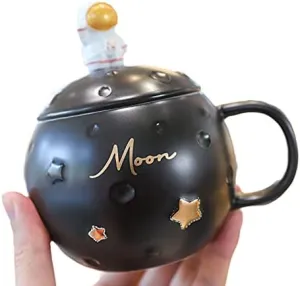 Minimalist Style Astronaut Mug with Spoon Lid Star Ceramic Coffee Cup Moon Tea Cup Gift Office Home (astronaut black, 400 ml)