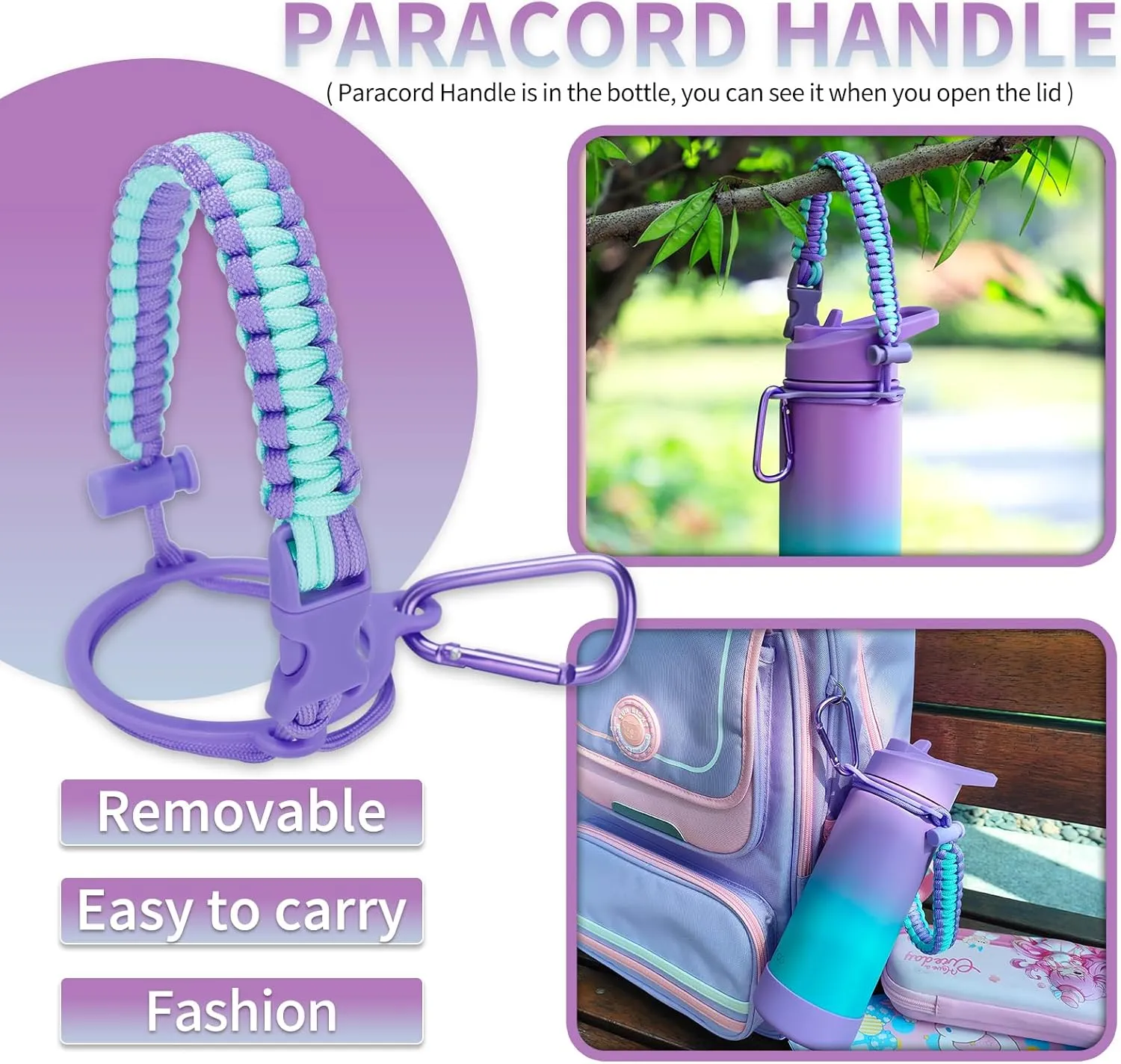 Mininoo Stainless Steel Water Bottle for School, 16oz Insulated Metal Water Bottle with Straw Lid for Girls, Boys (Purple/Sky)