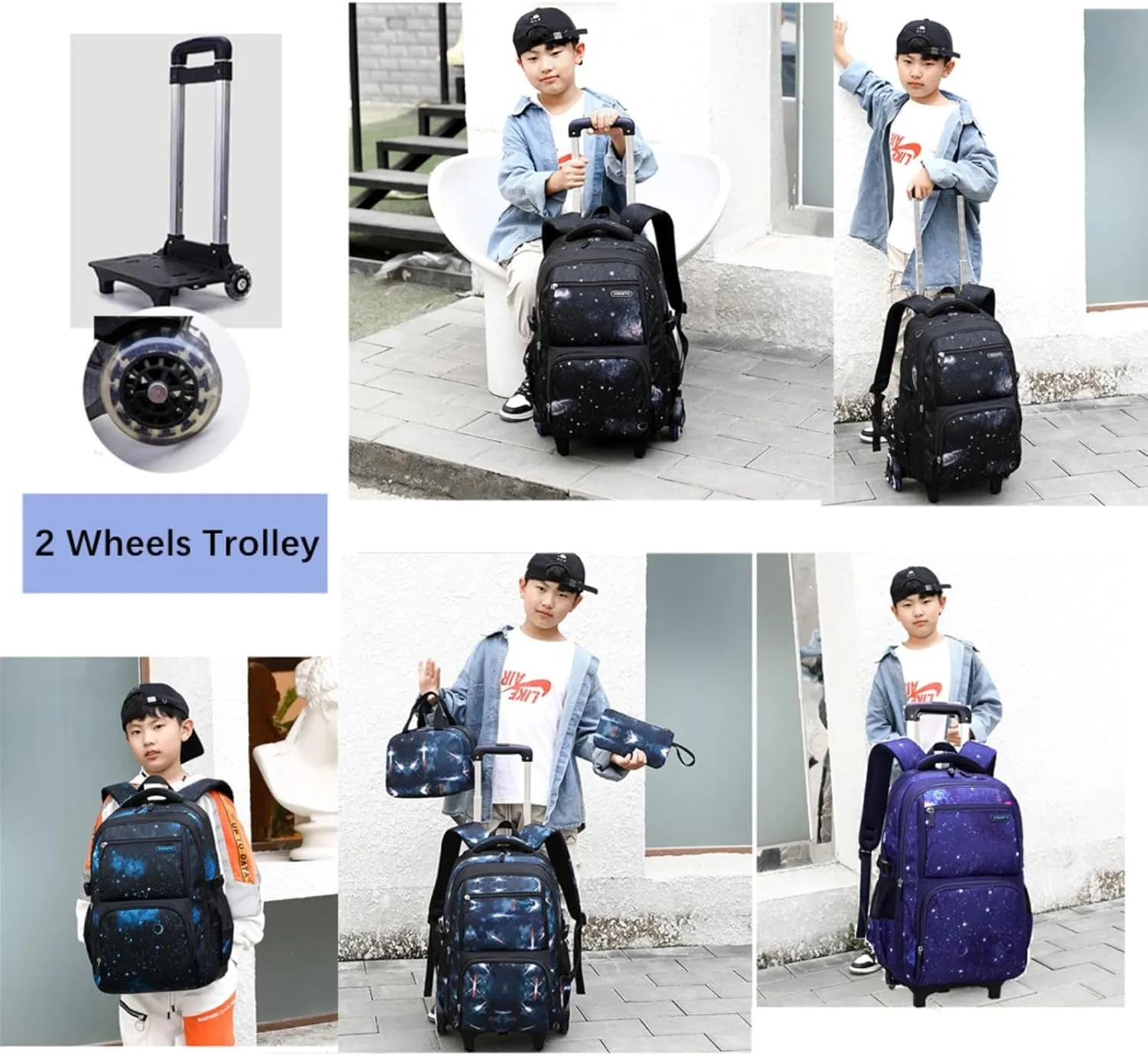 MITOWERMI Boys Rolling Backpacks Kids'Luggage Wheeled Backpack for School Kids Trolley Bags Space-Galaxy Roller Bookbag on 2 Wheels