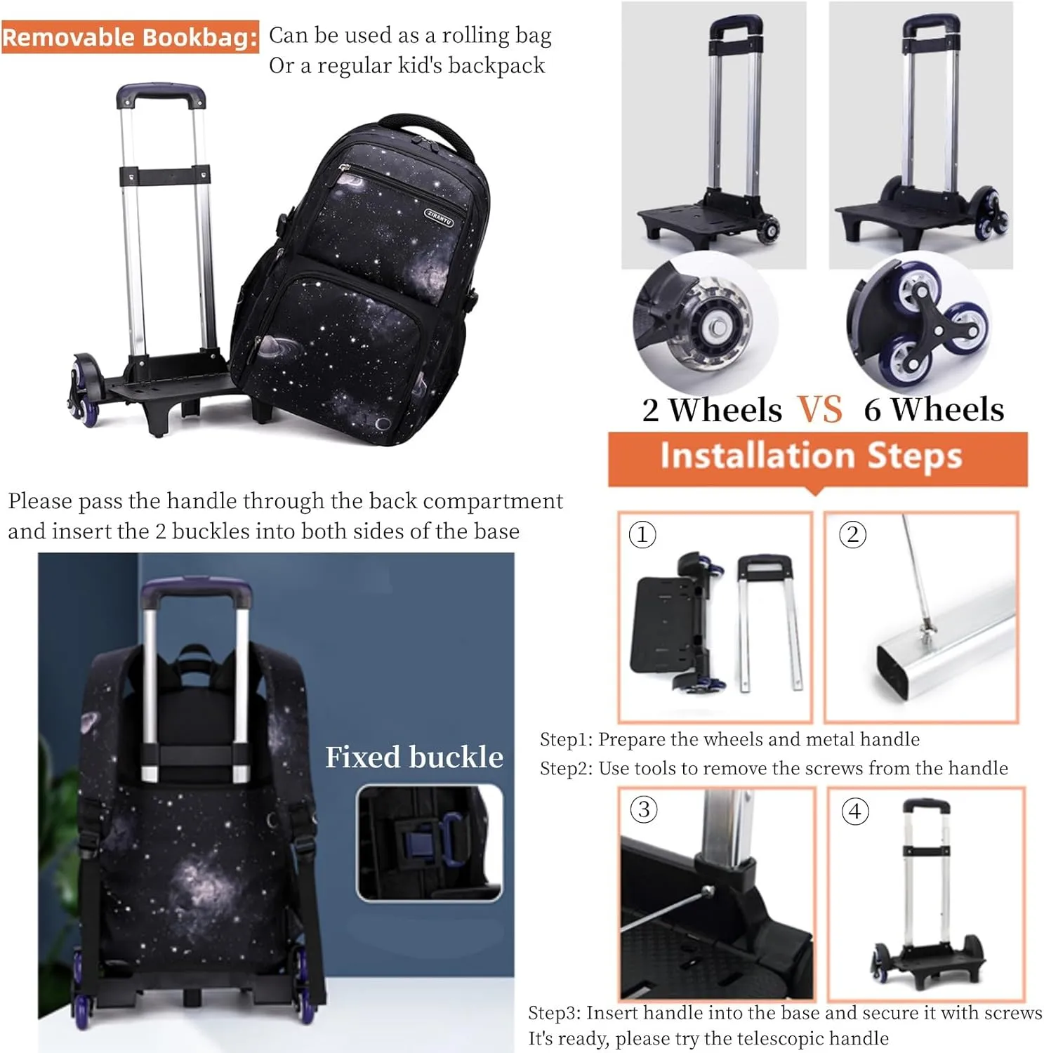 MITOWERMI Boys Rolling Backpacks Kids'Luggage Wheeled Backpack for School Kids Trolley Bags Space-Galaxy Roller Bookbag on 2 Wheels