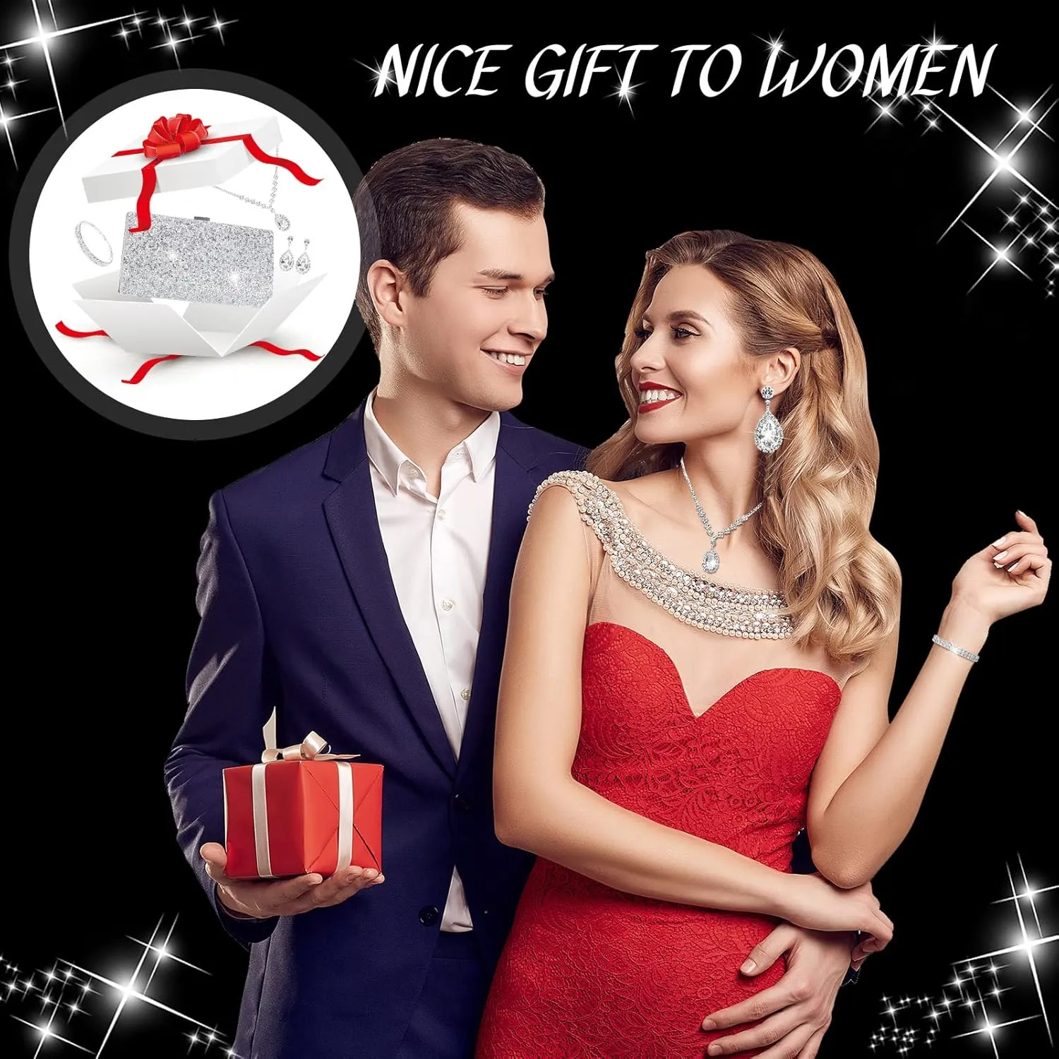 Mixweer 4 Pieces Clutch Purses Bag for Women Evening Rhinestone Jewelry Set Bling Necklace Earrings Bracelets Set for Wedding