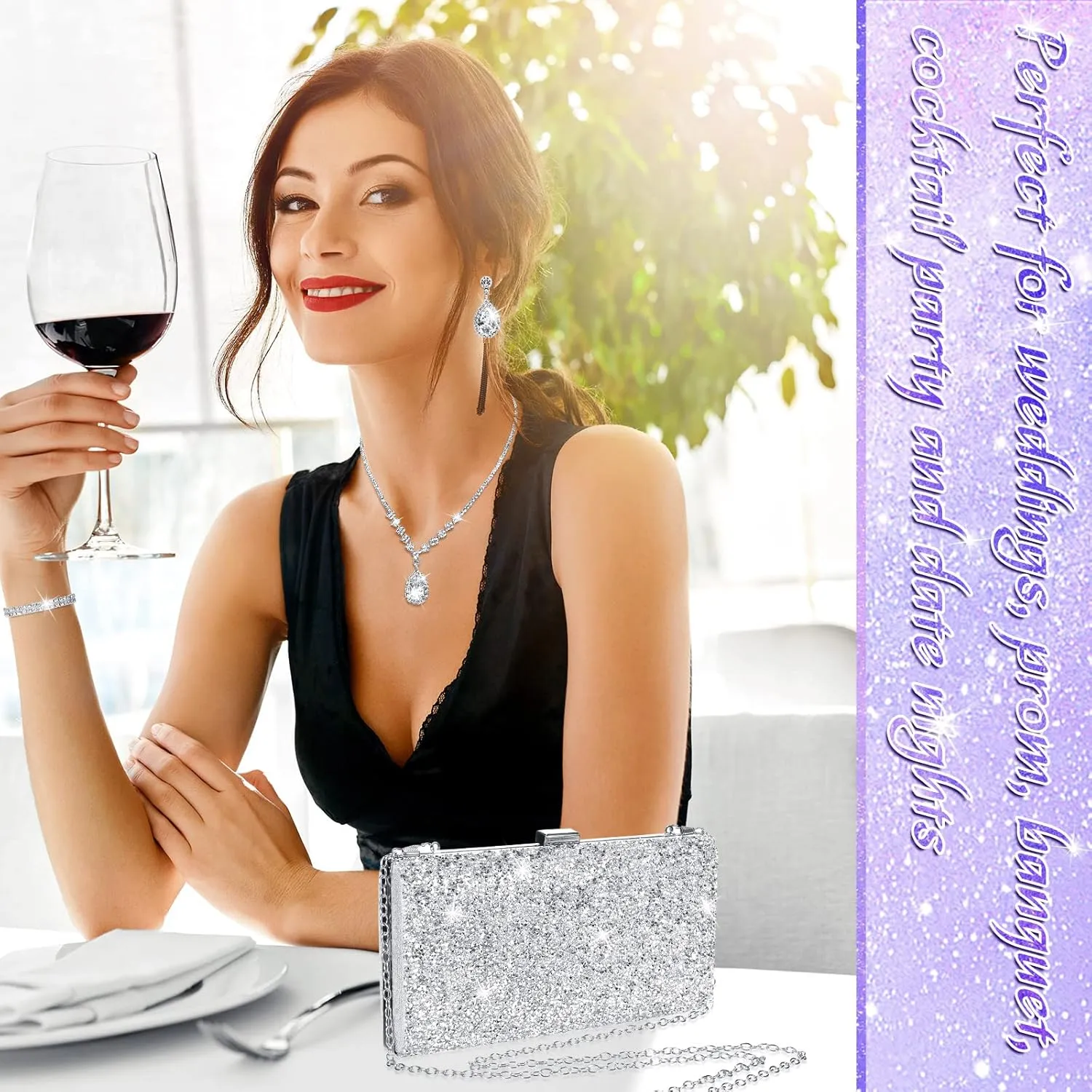 Mixweer 4 Pieces Clutch Purses Bag for Women Evening Rhinestone Jewelry Set Bling Necklace Earrings Bracelets Set for Wedding