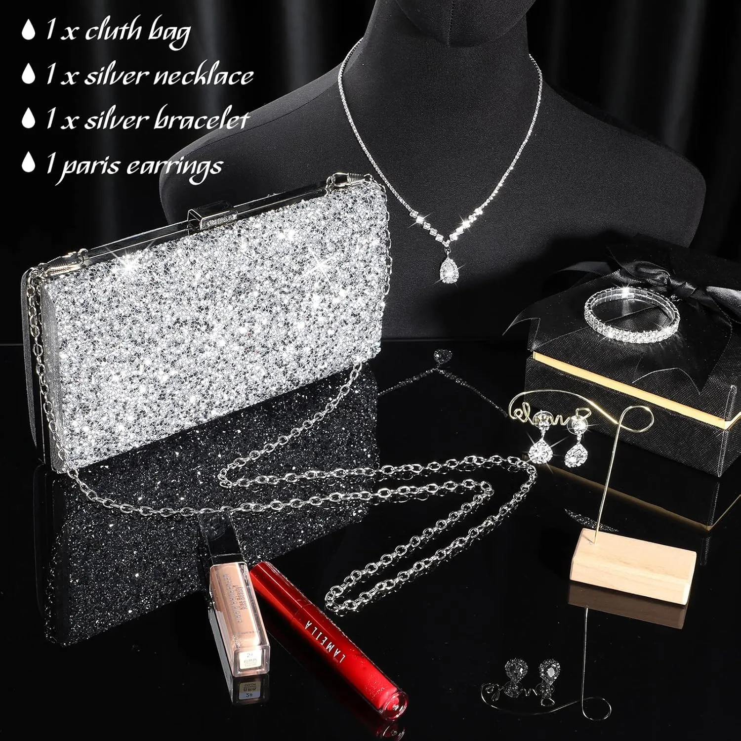 Mixweer 4 Pieces Clutch Purses Bag for Women Evening Rhinestone Jewelry Set Bling Necklace Earrings Bracelets Set for Wedding