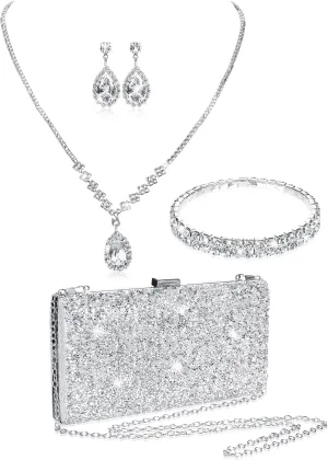 Mixweer 4 Pieces Clutch Purses Bag for Women Evening Rhinestone Jewelry Set Bling Necklace Earrings Bracelets Set for Wedding